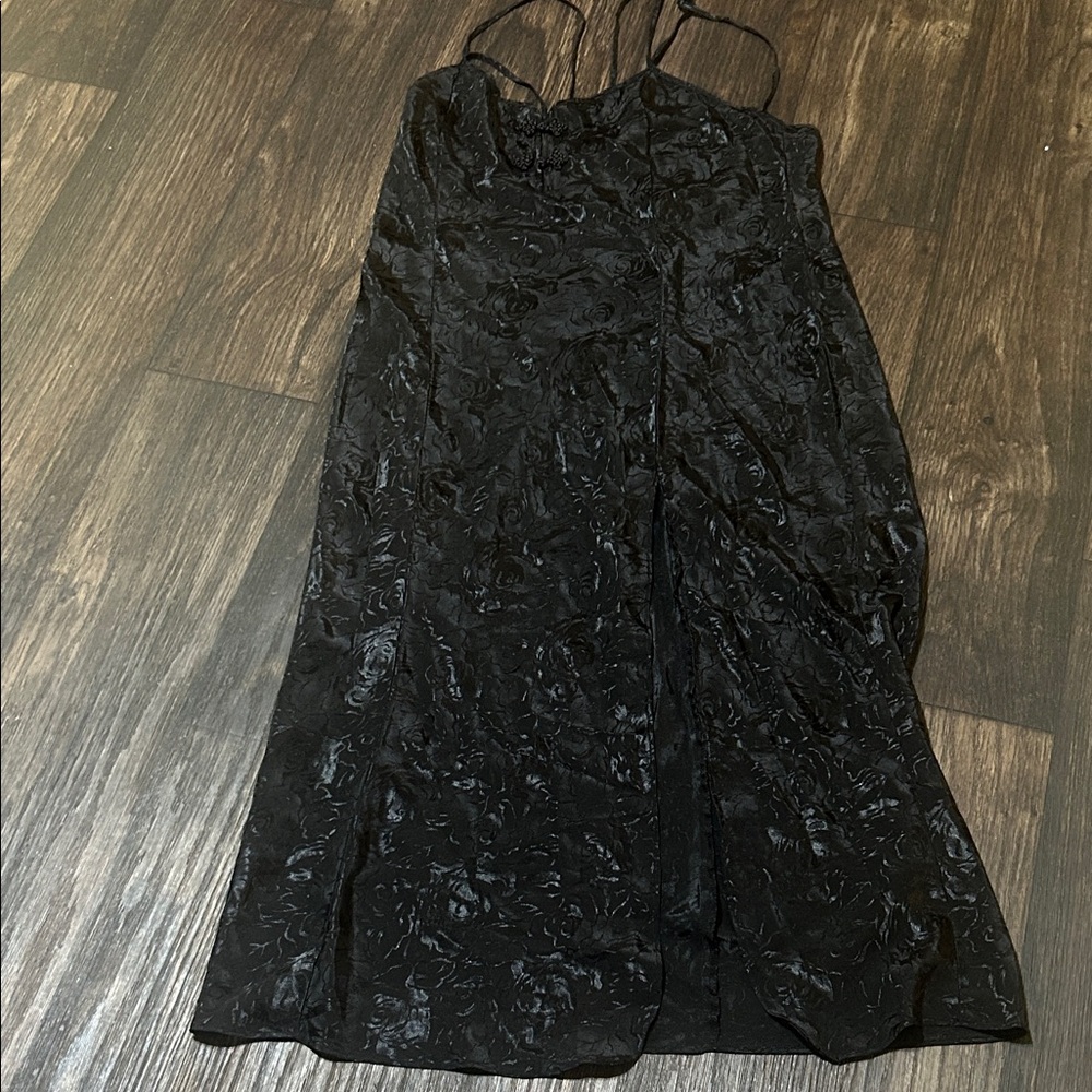 Black Textured Slip Midi Dress with Delicate Straps